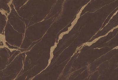 The primary subject of the image is a marble wall with a gold-colored pattern. The setting is a room with a brown background. The visual style is a close-up of the marble wall, showcasing the intricate gold pattern. The colors and mood of the image are warm and elegant, with the gold pattern adding a touch of luxury to the marble wall.