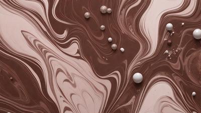 The primary subject of the image is a close-up of a chocolate cake with white balls on top. The cake is placed on a pink surface, which adds a contrasting color to the scene. The visual style of the image is a close-up, which emphasizes the details of the cake and the white balls. The colors and mood of the image are predominantly dark, with the chocolate cake and pink surface creating a rich and indulgent atmosphere.