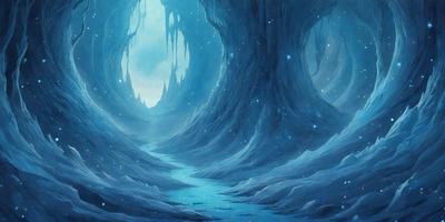 The primary subject of the image is a blue, underwater cave with a blue river flowing through it. The cave is surrounded by a blue sky, and there are stars visible in the background. The visual style of the image is digital art, and the colors and mood convey a sense of tranquility and serenity.