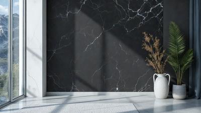 The primary subject of the image is a white vase with a plant in it, placed on a white table. The setting is a room with a black wall and a window. The visual style is a photo, and the colors and mood are predominantly white, creating a clean and minimalist atmosphere.