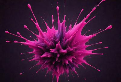 The primary subject of the image is a large, pink, purple, and white splash of paint, which appears to be a digital art or illustration. The setting is a dark background, which contrasts with the vibrant colors of the splash. The visual style is artistic and creative, with the paint splash resembling a flower or a cloud. The colors and mood of the image are lively and energetic, with the bright colors evoking a sense of joy and playfulness.