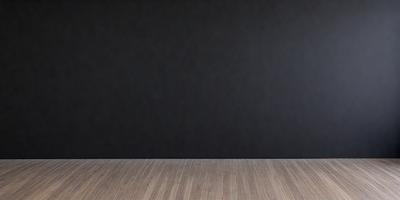 The primary subject of the image is a black wall with a wooden floor. The setting is a room with a wooden floor, and the visual style is a photo. The dominant colors are black and brown, creating a moody atmosphere.