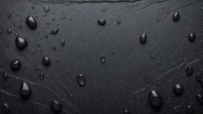 The primary subject of the image is a close-up of a black surface with numerous droplets of water on it. The setting is a dark background, and the visual style appears to be a photo. The colors and mood of the image are predominantly dark, with the droplets of water being the main focus.