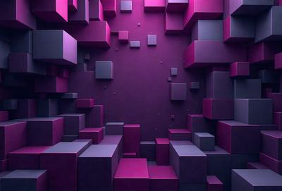The primary subject of the image is a purple wall with a pattern of cubes on it. The setting is a dark room with a purple background. The visual style is digital art, and the dominant colors are purple and pink. The overall atmosphere is mysterious and intriguing.