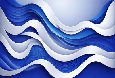 The primary subject of the image is a large, blue wave with white stripes. The wave is the main focus of the image, and it is set against a blue background. The visual style of the image is a combination of photo and digital art, creating a unique and eye-catching design. The dominant colors in the image are blue and white, giving it a calming and serene atmosphere.