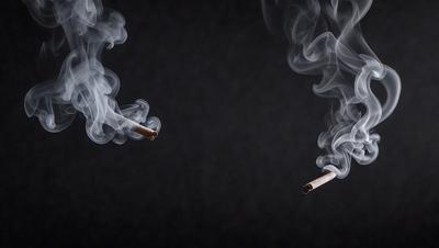 The primary subject of the image is a pair of cigarettes, with one cigarette on the left and the other on the right. The setting is a dark background, which creates a moody atmosphere. The visual style is a black and white photo, giving the image a classic and timeless appearance. The colors and mood of the image are predominantly dark, with the cigarettes being the main focus.