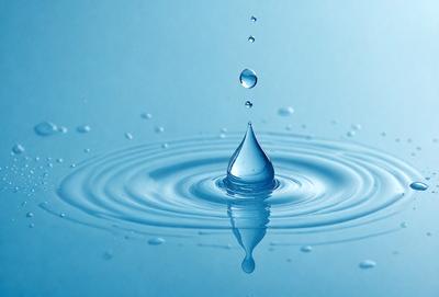 The primary subject of the image is a single drop of water, which is captured in mid-air. The setting is a blue background, which adds to the overall visual style. The image is a photo, showcasing the natural beauty of the water drop. The colors are predominantly blue, creating a calm and serene atmosphere.