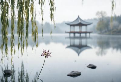 Primary subject: A flower in a pond.

Setting/background: The pond is surrounded by a forest, and there is a pavilion nearby.

Visual style: The image is a photo.

Colors and mood: The photo has a sepia tone, giving it a nostalgic and serene atmosphere.