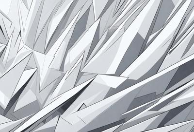 The primary subject of the image is a large group of white, triangular shapes or crystals. These shapes are arranged in a visually striking pattern, creating a sense of depth and complexity. The setting appears to be a white background, which further emphasizes the shapes and their intricate arrangement. The visual style of the image is a combination of digital art and illustration, as the shapes are carefully crafted and placed to create a cohesive and visually appealing composition. The colors and mood of the image are predomin