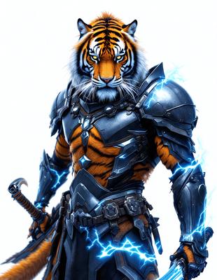 The primary subject of the image is a man wearing a suit with a tiger head on his head. The suit is black and features a tiger design. The setting is a white background, which provides a clean and minimalistic look to the image. The visual style is a digital art, as the man's suit and the tiger head are both digitally created elements. The colors and mood of the image are predominantly black and orange, giving it a bold and striking appearance.