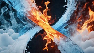 The primary subject of the image is a fire and ice theme, with a blue and orange color scheme. The setting is a dark background, which contrasts with the bright colors of the fire and ice. The visual style is a combination of digital art and illustration, creating a unique and eye-catching design. The overall atmosphere is dynamic and captivating, with the fire and ice elements symbolizing contrasting elements in nature.
