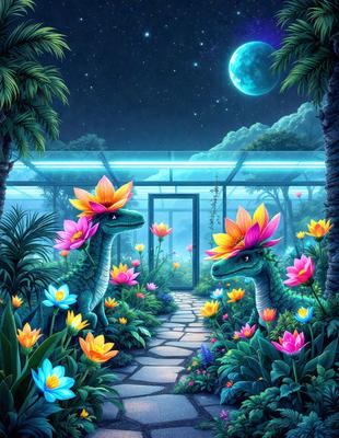 The primary subject of the image is a pair of colorful, flower-like dinosaurs standing in a garden. The setting is a lush, flower-filled garden with a pathway leading through it. The visual style is a digital art or illustration, creating a vibrant and whimsical atmosphere. The dominant colors are pink, yellow, and blue, with the dinosaurs being predominantly pink and yellow.