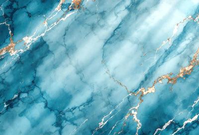 The primary subject of the image is a blue marble wall with a gold and white pattern. The setting is a room with a blue and white marble floor. The visual style is a photo of the marble wall and floor. The dominant colors are blue, gold, and white, creating a calm and elegant atmosphere.