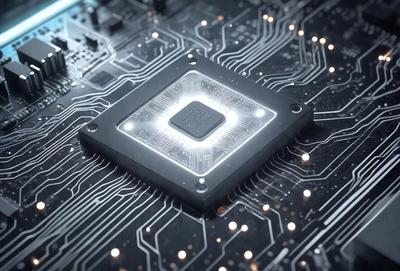 The primary subject of the image is a close-up of a computer chip with a square-shaped light source on it. The setting is a computer circuit board, and the visual style is a combination of digital art and illustration. The colors and mood of the image are predominantly black and white, with a focus on the intricate details of the computer chip.