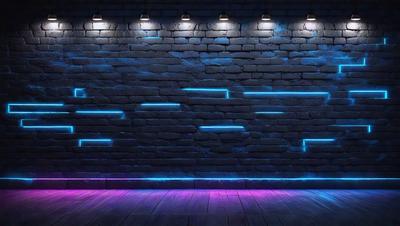The primary subject of the image is a brick wall with a blue light illuminating it. The setting is a dark room, and the visual style appears to be a digital art or illustration. The dominant colors are blue and purple, creating a moody and atmospheric ambiance.