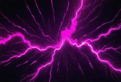 The primary subject of the image is a purple lightning bolt, which is the main object, scene, or focus of the image. The setting or background is a dark, cloudy sky, and the visual style is a photo. The dominant colors and overall atmosphere are purple and pink, creating a vibrant and energetic mood.