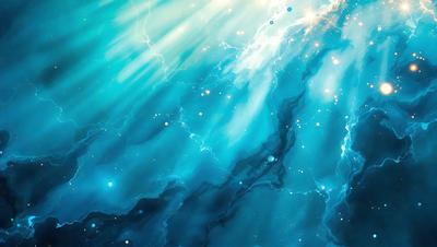 The primary subject of the image is a blue and white ocean scene with a starry background. The setting is a vast, open space with a blue sky and a few stars scattered throughout. The visual style is a combination of digital art and illustration, creating a vibrant and dynamic atmosphere. The dominant colors are blue and white, with the blue ocean and white stars creating a sense of depth and tranquility.