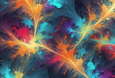 The primary subject of the image is a colorful, abstract design featuring a mix of blue, orange, and yellow colors. The design is reminiscent of a leaf, with a combination of swirls and curved lines. The setting is a blue background, which complements the vibrant colors of the design. The visual style of the image is a combination of digital art and illustration, creating a unique and eye-catching pattern. The overall atmosphere of the image is lively and energetic, with the bold colors