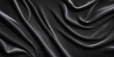 The primary subject of the image is a black fabric, which appears to be a piece of silk. The setting is a black background, which emphasizes the fabric's texture and color. The visual style is a close-up of the fabric, showcasing its intricate details. The colors and mood of the image are predominantly dark, with the black fabric serving as the focal point.