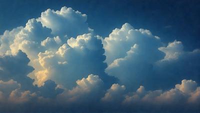 The primary subject of the image is a cloudy sky filled with various cloud formations. The setting is a blue sky, which serves as the backdrop for the clouds. The visual style of the image is a painting, which adds a sense of artistic expression to the scene. The dominant colors in the painting are shades of blue and white, creating a serene and peaceful atmosphere.
