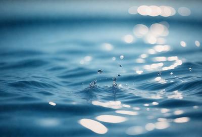 The primary subject of the image is a splash of water, which appears to be a drop of water in the ocean. The setting is the ocean, with the water being the main object of focus. The visual style is a photo, capturing the natural beauty of the ocean. The colors and mood of the image are predominantly blue, creating a serene and calming atmosphere.