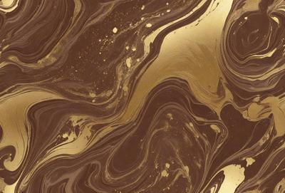 The primary subject of the image is a close-up of a brown and gold marbled wallpaper. The setting is a room with a marbled wall, and the visual style is a patterned texture. The dominant colors are brown and gold, creating a warm and luxurious atmosphere.