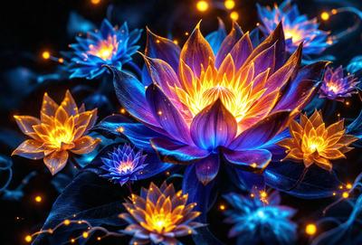 The primary subject of the image is a large blue flower with a yellow center, surrounded by smaller blue flowers. The setting is a dark, blue-lit environment, which creates a dramatic and moody atmosphere. The visual style is a combination of photo and digital art, as the flowers are depicted in a realistic manner while the background is illuminated with a blue glow. The dominant colors are blue and yellow, with the blue flowers and the blue-lit background creating a striking contrast.