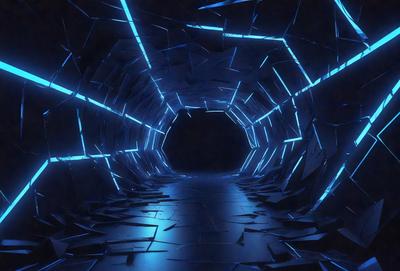 The primary subject of the image is a tunnel-like structure with a blue light illuminating it. The setting is a dark, enclosed space, and the visual style appears to be a combination of digital art and illustration. The dominant colors are blue and black, creating a moody and mysterious atmosphere.