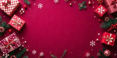 The primary subject of the image is a red background with snowflakes and pinecones scattered across it. The setting is a red table, and the visual style appears to be a combination of digital art and illustration. The dominant colors are red and white, creating a warm and festive atmosphere.