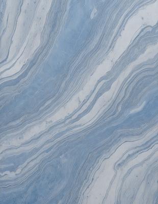 The primary subject of the image is a blue and white marble tile. The setting is a wall with the tile as the main object. The visual style is a close-up of the tile, showcasing its intricate design. The dominant colors are blue and white, creating a clean and elegant atmosphere.