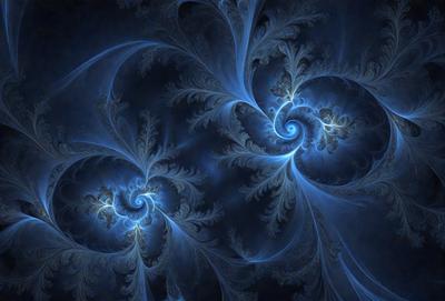 The primary subject of the image is a blue spiral pattern, which is the main object, scene, or focus of the image. The setting or background features a blue sky, and the visual style appears to be a digital art or illustration. The dominant colors in the image are blue and purple, creating a serene and calming atmosphere.