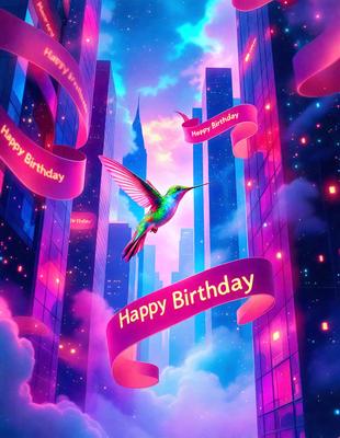 The primary subject of the image is a colorful bird, which is flying in front of a tall building. The bird is surrounded by a pink and blue color scheme, giving the scene a vibrant and lively atmosphere. The setting appears to be a cityscape, with the tall building serving as a prominent backdrop. The visual style of the image is a combination of digital art and illustration, creating a unique and eye-catching representation of the bird in flight.