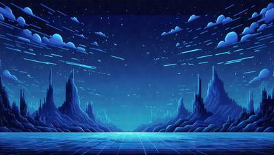 The primary subject of the image is a futuristic cityscape with a blue sky and a large body of water. The setting is a nighttime cityscape with a few buildings and a bridge. The visual style is digital art, and the colors and mood are predominantly blue and dark, creating a sense of mystery and intrigue.