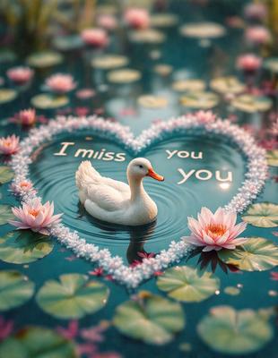 The primary subject of the image is a heart-shaped sign with the words "I Miss You" written on it. The setting is a pond with a duck swimming in it. The visual style is a combination of a photo and digital art, creating a unique and creative scene. The colors and mood of the image are predominantly pink and serene, reflecting the love and tranquility of the scene.