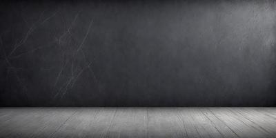 The primary subject of the image is a large, empty room with a black wall. The setting is a room with a wooden floor, and the visual style is a photo. The room appears to be a large, empty space with a black wall, giving it a somewhat dark and moody atmosphere.