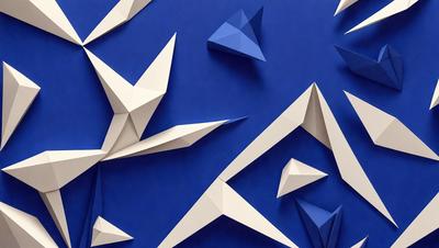 The primary subject of the image is a large blue wall with a pattern of white paper cranes. The setting is a room with a blue background, and the visual style is a combination of digital art and illustration. The dominant colors are blue and white, creating a calm and serene atmosphere.