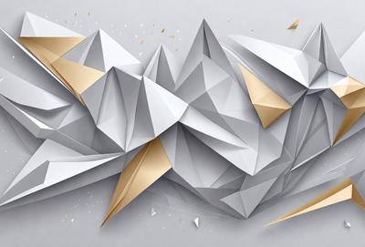 The primary subject of the image is a three-dimensional geometric design made of paper. The design features a combination of white and gold colors, giving it a sophisticated and elegant appearance. The setting is a gray background, which provides a clean and minimalist look to the overall composition. The visual style of the image is a digital art or illustration, showcasing the intricate details of the paper design. The colors and mood of the image are predominantly white and gold, creating a sense of luxury and refin