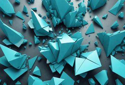 The primary subject of the image is a collection of blue triangles, which are the main objects in the scene. The setting is a table, and the visual style appears to be a digital art or illustration. The dominant colors in the image are blue, and the overall atmosphere is one of creativity and artistic expression.
