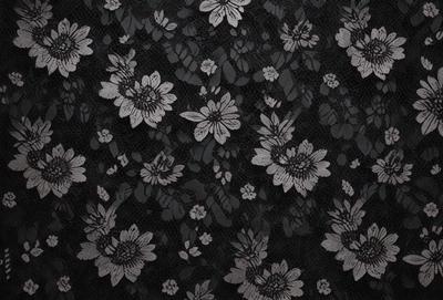 The primary subject of the image is a black and white lace pattern featuring white flowers. The setting is a black background, which contrasts with the white flowers. The visual style is a combination of a photo and digital art, creating a unique and intricate design. The dominant colors are black and white, with the white flowers adding a touch of elegance and sophistication to the overall atmosphere.