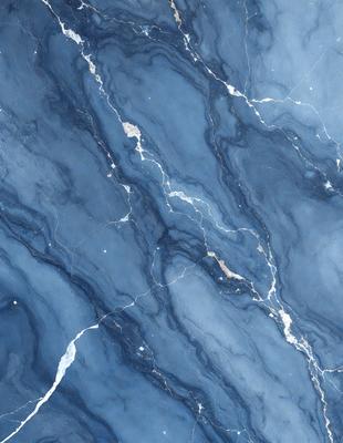 The primary subject of the image is a blue marble wall with a pattern of white veins. The setting is a room with a blue marble floor. The visual style is a close-up of the marble wall, showcasing its unique texture and design. The colors and mood of the image are predominantly blue, with the white veins adding a touch of contrast and interest to the overall atmosphere.