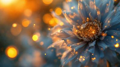 The primary subject of the image is a close-up of a flower, likely a blue one, with a yellow center. The setting is a brightly lit environment, possibly a garden or an outdoor space. The visual style appears to be a photo, capturing the beauty of the flower in detail. The colors in the image are predominantly blue and yellow, creating a serene and calming atmosphere.