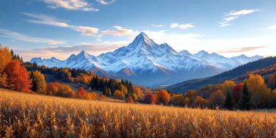 The primary subject of the image is a mountain range with snow-capped peaks. The setting is a field with a mix of yellow and orange grass, creating a warm and vibrant atmosphere. The visual style is a photo, capturing the beauty of the mountain range and the surrounding landscape. The colors and mood convey a sense of tranquility and natural wonder.