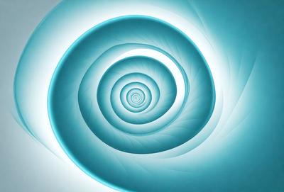 The primary subject of the image is a spiral pattern, which is the main object, scene, or focus of the image. The spiral pattern is set against a blue background, giving it a vibrant and lively appearance. The visual style of the image is a combination of photo and digital art, creating a unique and eye-catching design. The dominant colors in the image are blue and white, which contribute to the overall atmosphere of the spiral pattern.