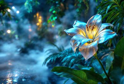 The primary subject of the image is a large, brightly lit flower with a yellow center, surrounded by a lush green forest. The setting is a forest with a misty atmosphere, creating a serene and enchanting environment. The visual style of the image is a combination of photo and digital art, resulting in a vibrant and captivating scene. The dominant colors in the image are green, yellow, and blue, creating a sense of freshness and natural beauty.