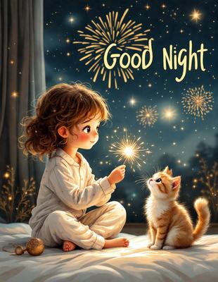 The primary subject of the image is a young girl sitting on a bed, holding a sparkler. The setting is a bedroom, with a cat sitting on the bed next to the girl. The visual style is a digital art illustration, featuring a cute and whimsical scene. The colors are predominantly warm and soft, creating a cozy and inviting atmosphere.