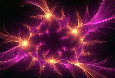 The primary subject of the image is a purple, swirling, and glowing pattern. The setting is a dark background, which contrasts with the vibrant colors of the pattern. The visual style appears to be a combination of digital art and illustration, creating a unique and eye-catching design. The dominant colors are purple and orange, giving the image a warm and energetic atmosphere.