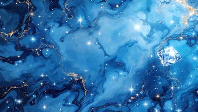 The primary subject of the image is a blue and gold starry background with a galaxy-like pattern. The setting is a space-themed environment, and the visual style appears to be a combination of digital art and illustration. The dominant colors are blue and gold, creating a serene and celestial atmosphere.
