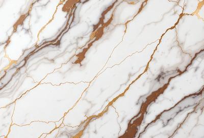 The primary subject of the image is a marble countertop with a gold-colored pattern. The setting is a kitchen, and the visual style is a close-up of the marble countertop. The colors and mood of the image are predominantly gold and white, giving it a luxurious and elegant appearance.