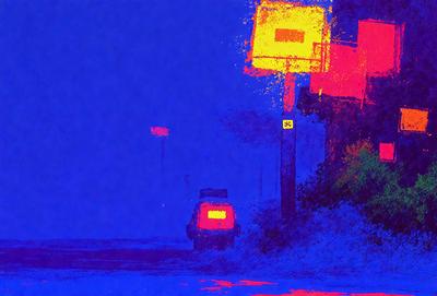 The primary subject of the image is a car driving down a street at night. The setting is a dark, foggy road with a street light illuminating the area. The visual style is a combination of a photo and a digital art, creating a surreal and artistic atmosphere. The colors and mood are predominantly dark and moody, with the car's headlights being the only source of light in the scene.
