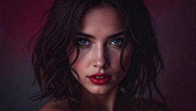 The primary subject of the image is a woman with long, curly hair. She is wearing red lipstick and has a smoldering look on her face. The setting is a dark room, and the visual style is a close-up portrait. The colors and mood of the image are dramatic and intense, with the red lipstick and the woman's expression creating a striking and captivating scene.